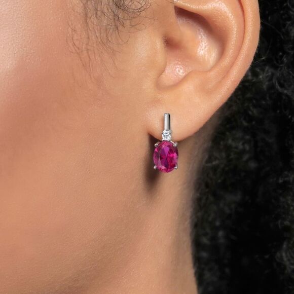 Garnet Sterling Silver Earrings: Oval Cut, White Topaz  925 Sterling Silver with 4.15 Cttw Ruby and White Topaz Oval Drop Earrings